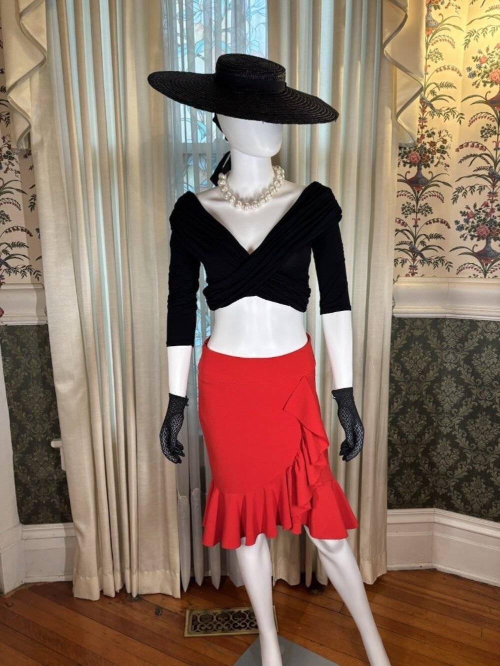 Black Criss Cross Off Shoulder Crop Top Red Ruffle Skirt Set Pinup S